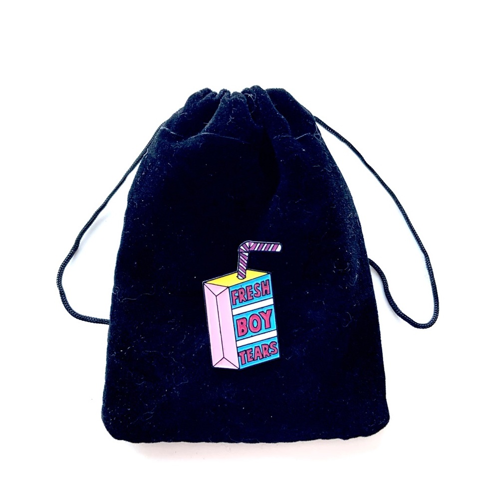 3/$10 “Fresh Boy Tears” Fun Humor Juice Box Pin (mix & match)